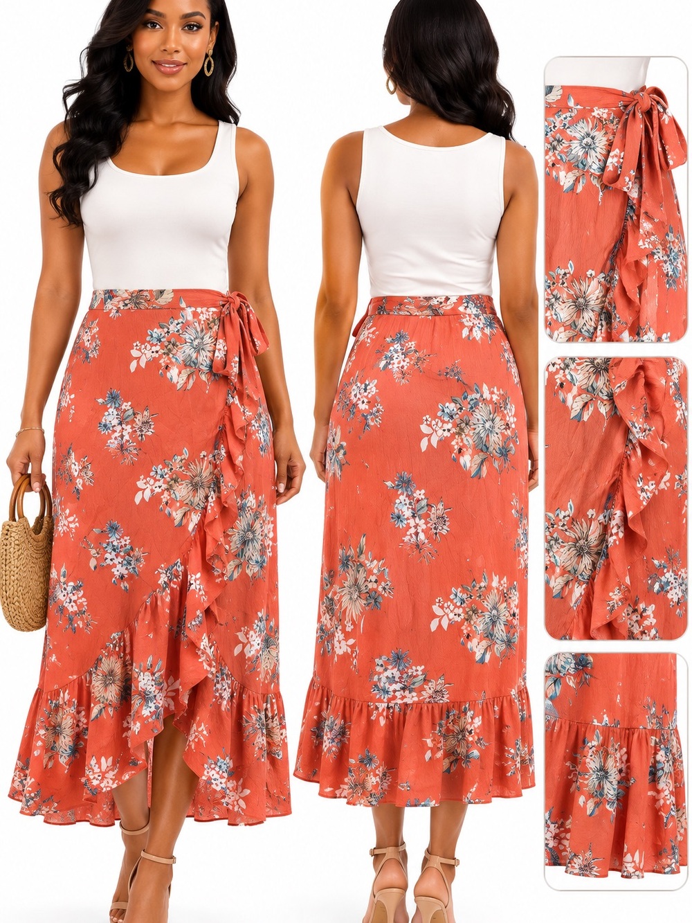 AKIRA Coral Floral High-Low Wrap Skirt